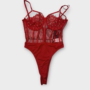 Banjul Red Lace Rhinestone Teddy Lingerie NWT Thong Bodysuit Small